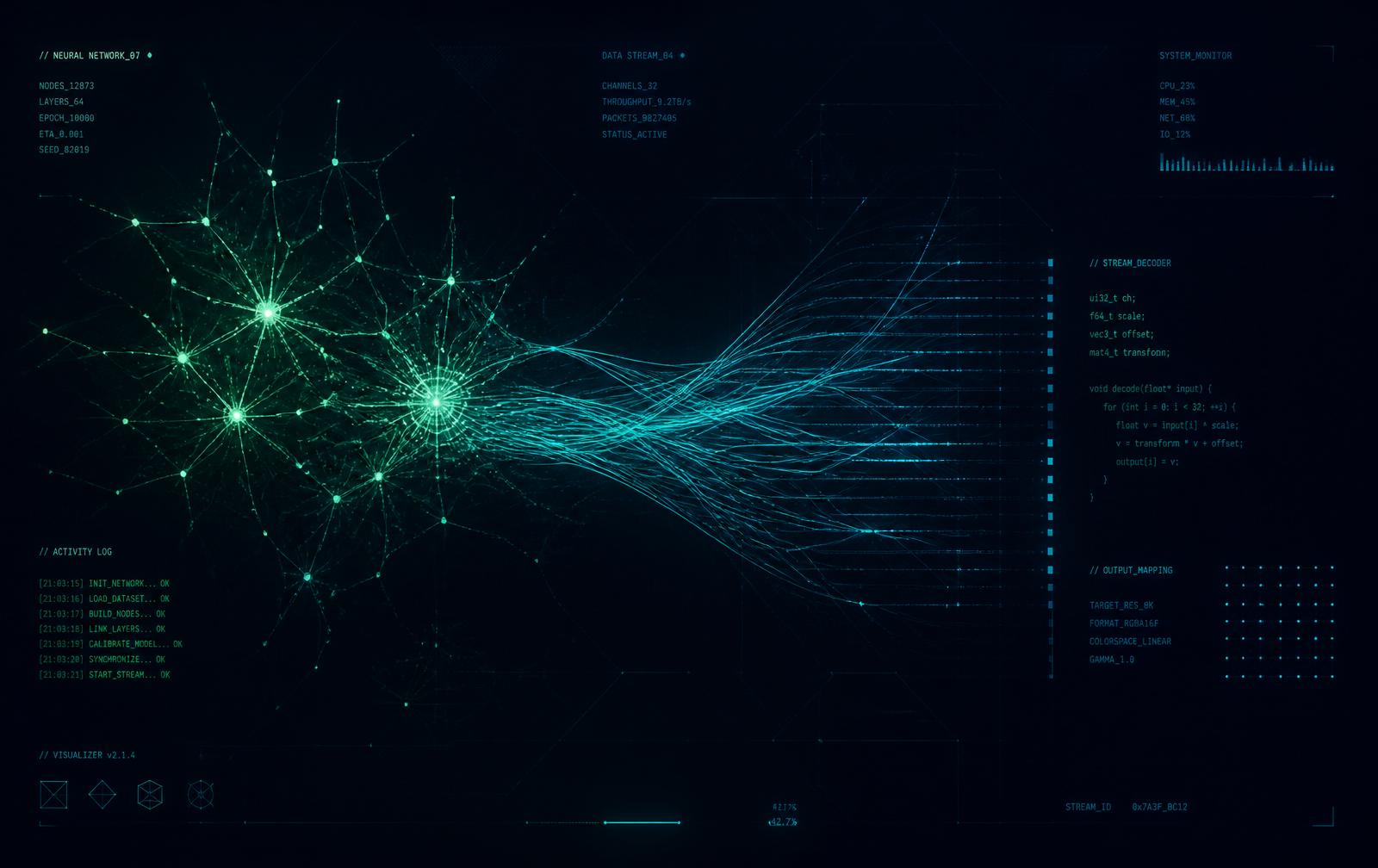 Neural network visualization representing AI systems built by RI Group Inc